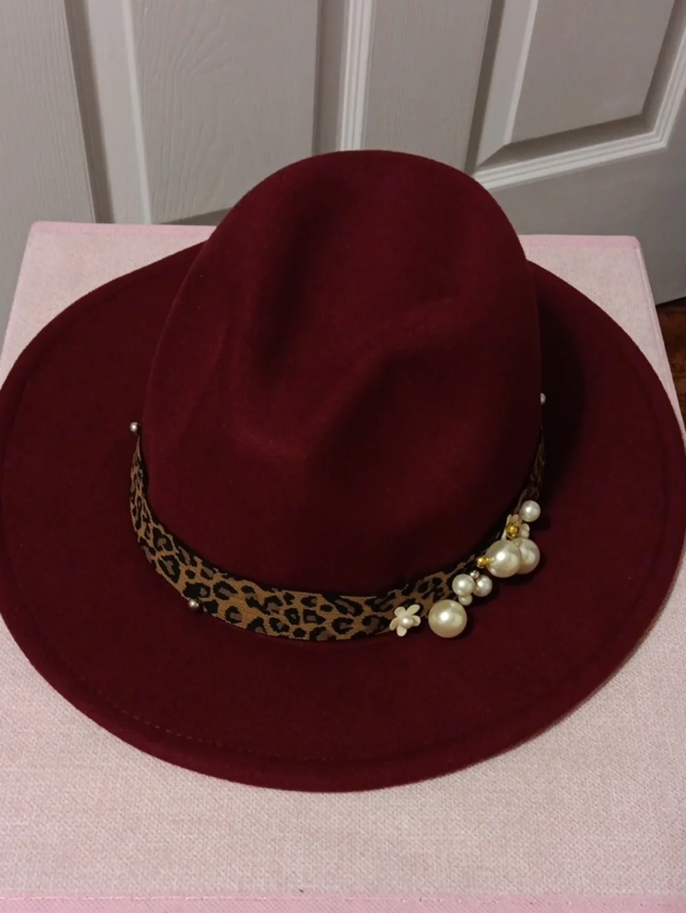 Women’s Burgundy Felt Fedora with Leopard Band and Pearl Accent